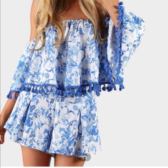 Shein tassel trim Bardot top & pleated shorts set - Picture 1 of 10